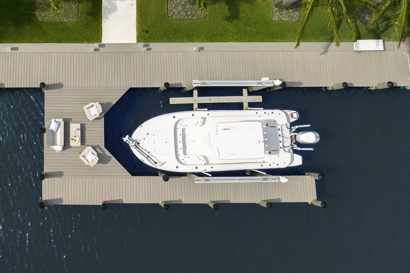 Ken Dukes boat docked at his new Vintage Collection Dock in Coastline